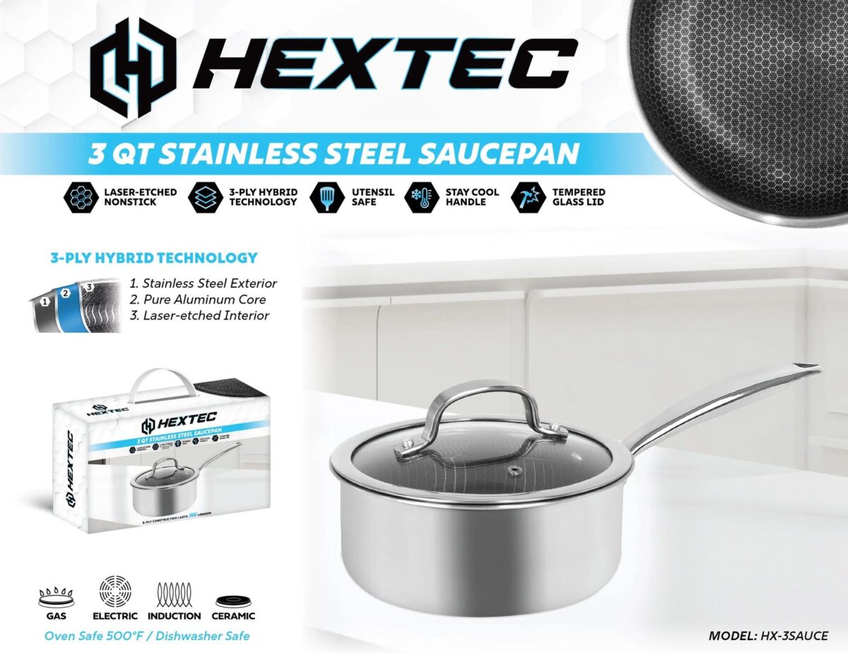 A professional HexClad hybrid nonstick deep pan sits elegantly on a modern marble countertop.
